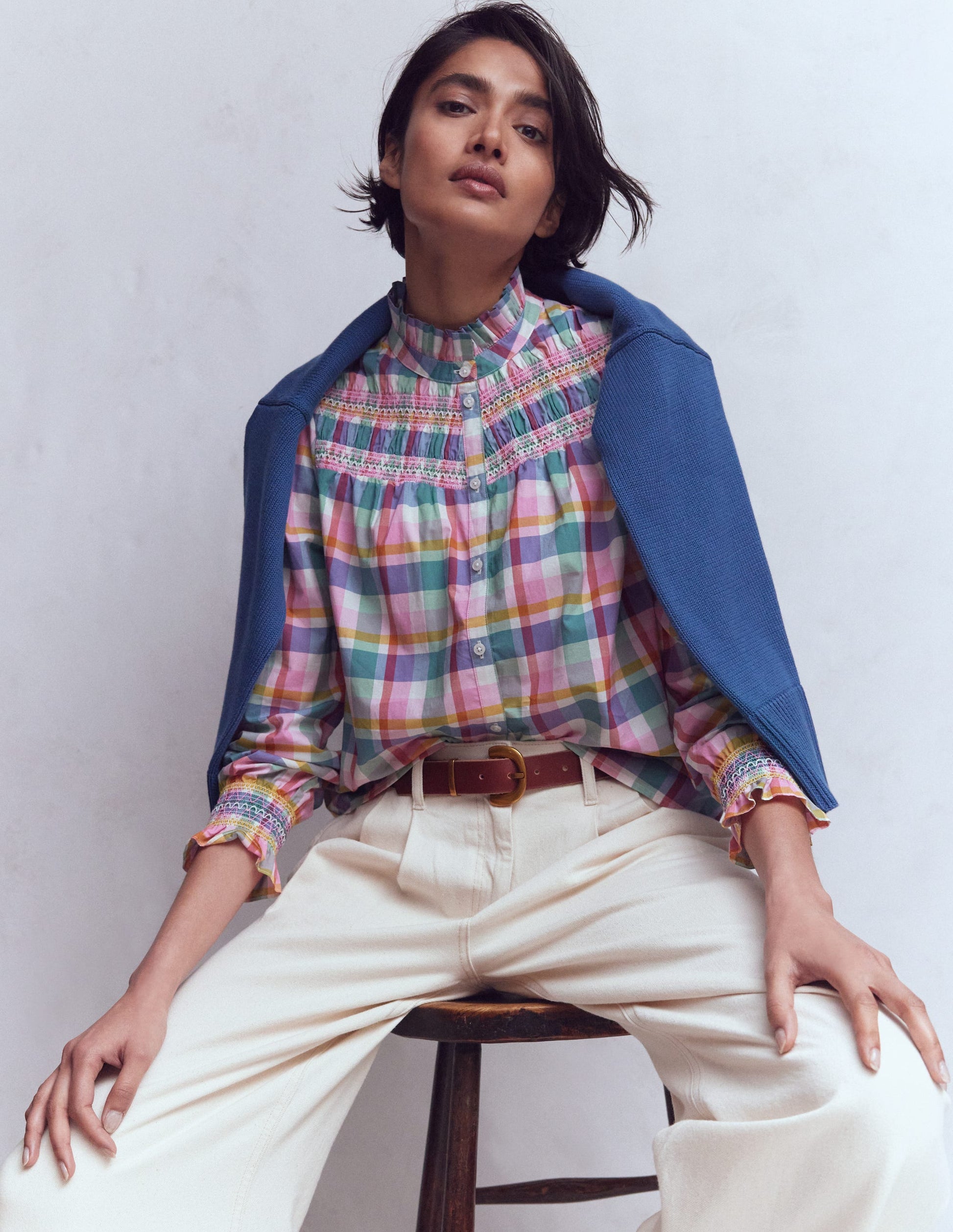 Esme Smocked Detail Frill Top-Multi Check-3