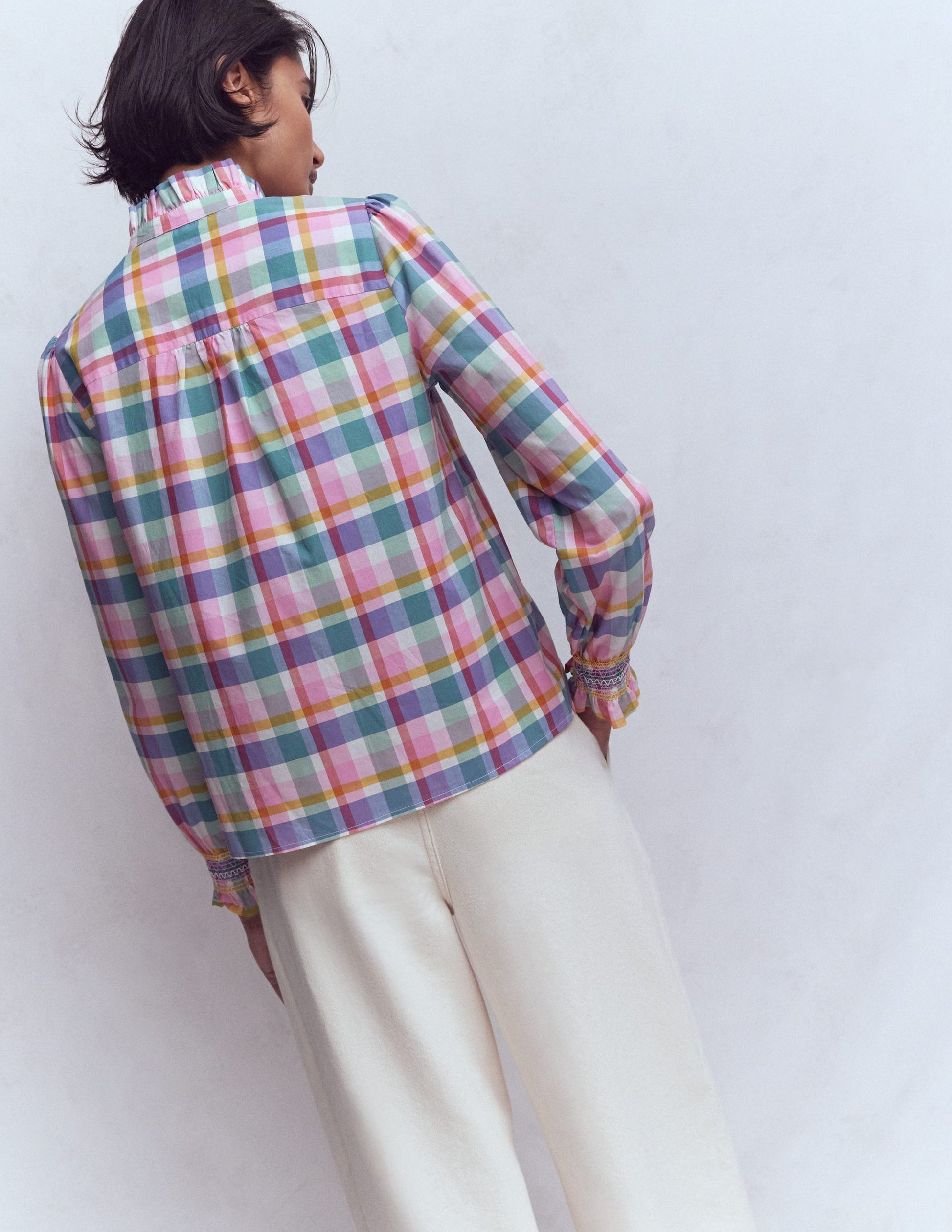 Esme Smocked Detail Frill Top-Multi Check-4