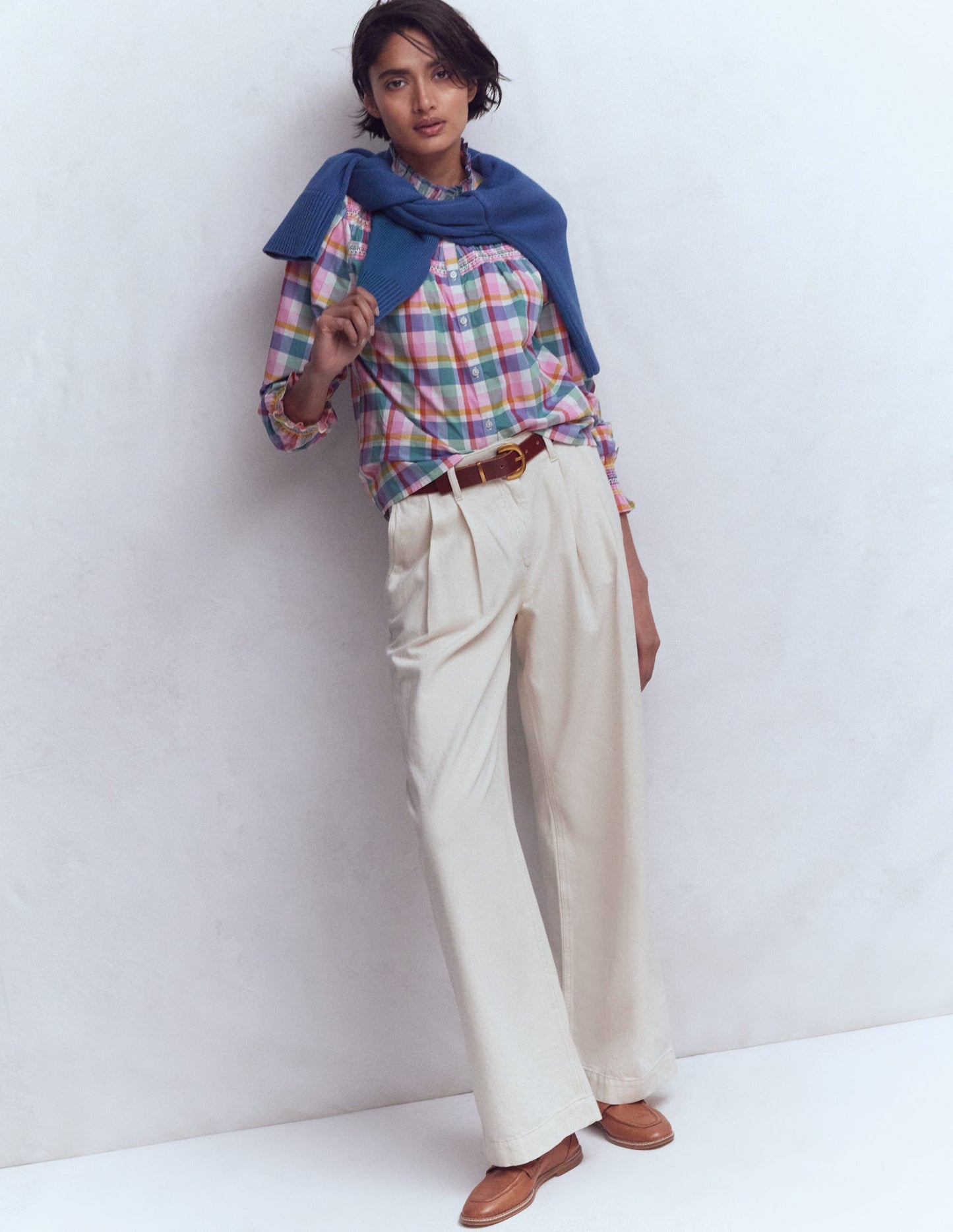 Esme Smocked Detail Frill Top-Multi Check