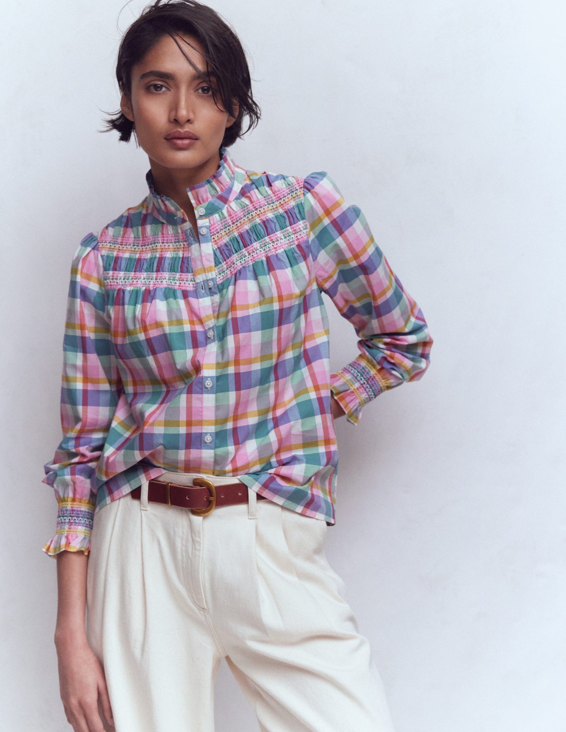 Esme Smocked Detail Frill Top-Multi Check-6