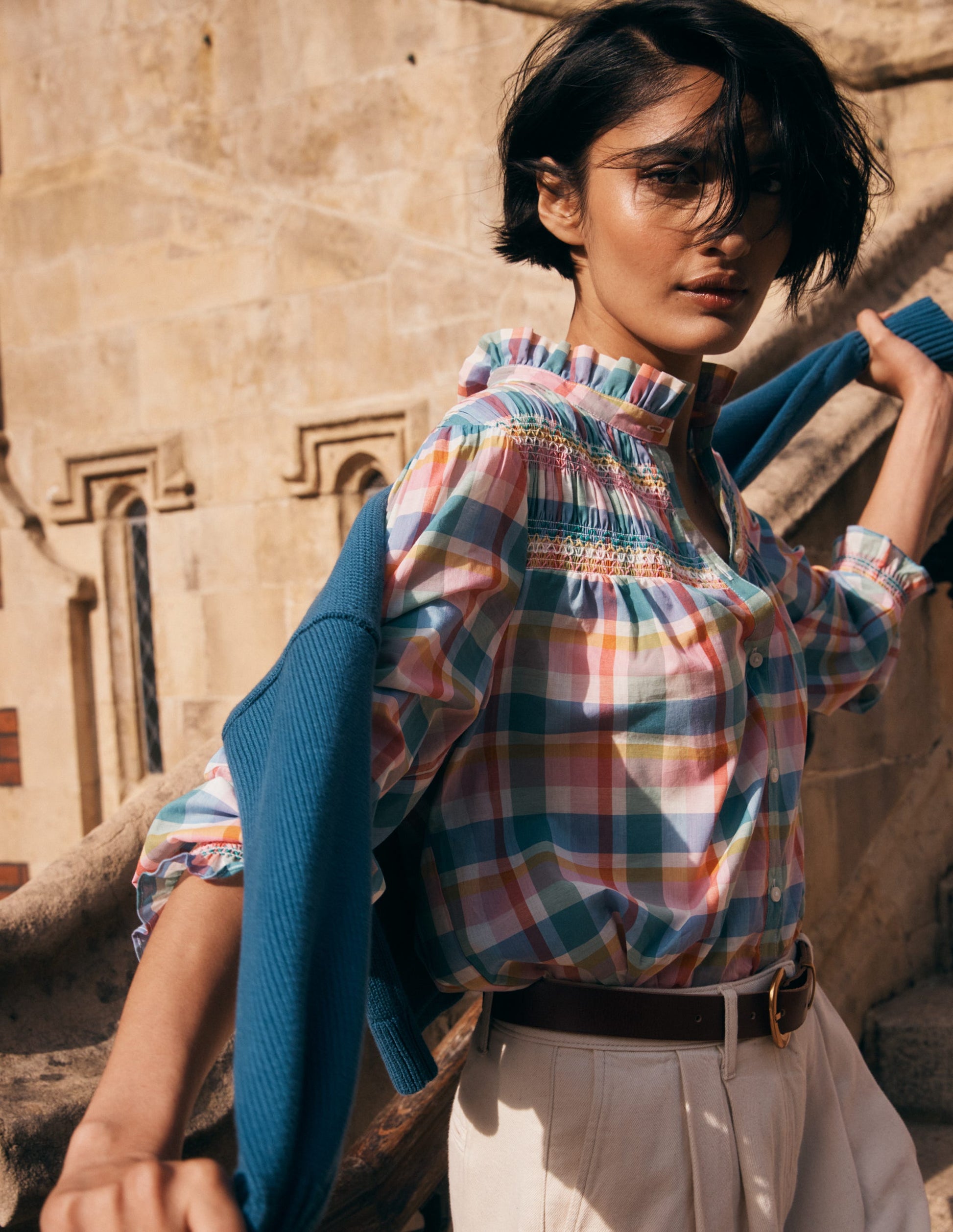 Esme Smocked Detail Frill Top-Multi Check-1