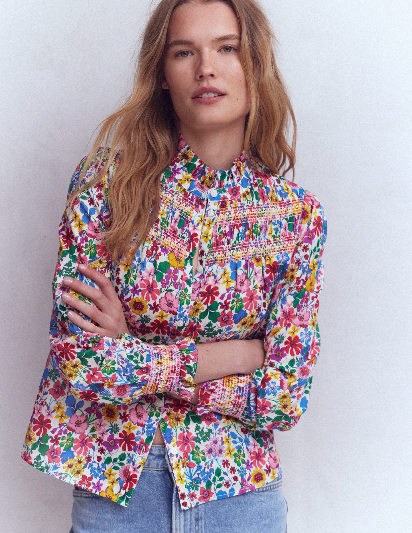 Esme Smocked Detail Frill Top-Multi, Blossoming Garden