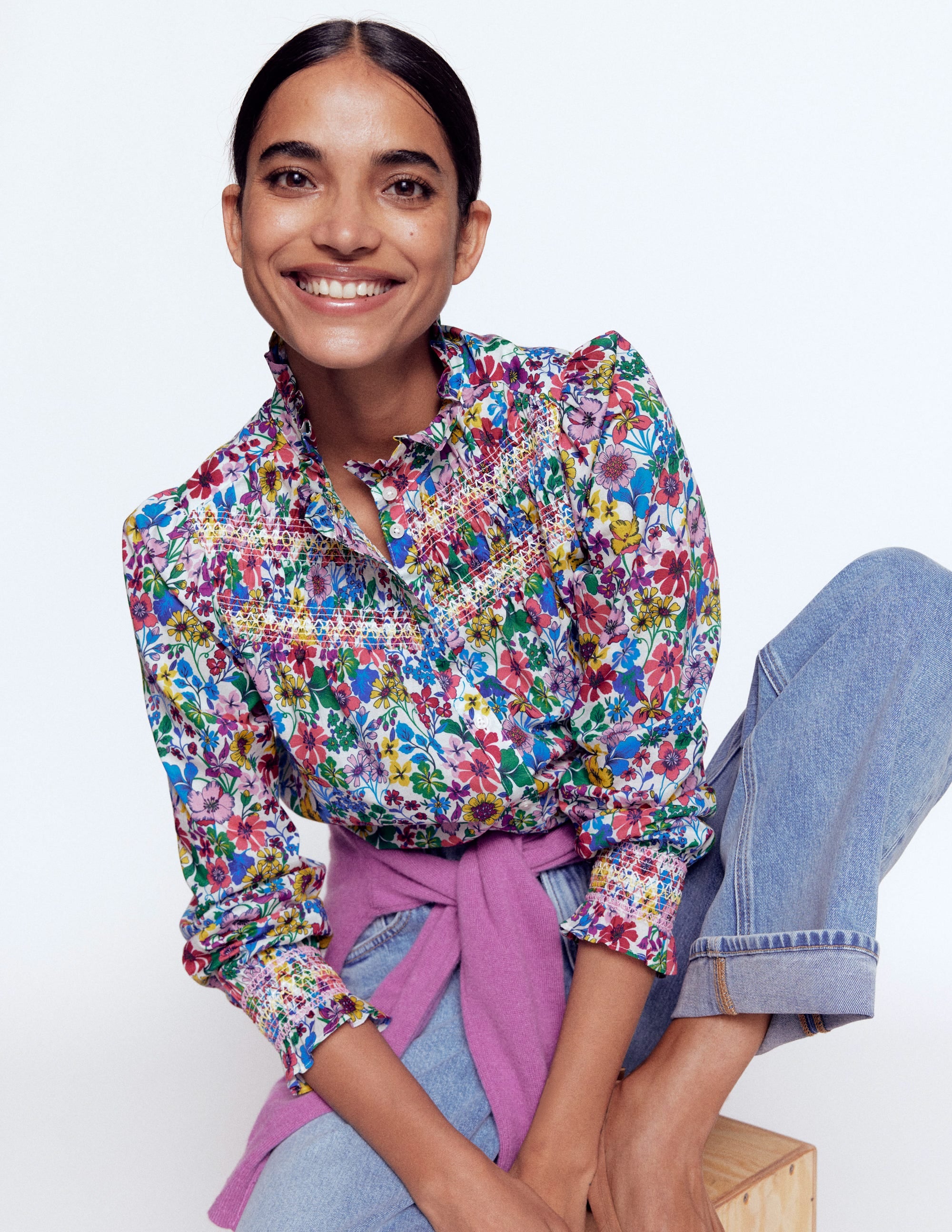 Esme Smocked Detail Frill Top-Multi, Blossoming Garden - Image 5