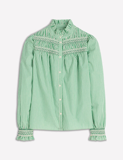 Esme Smocked Detail Frill Top-Highland Green, Ivory Stripe-6