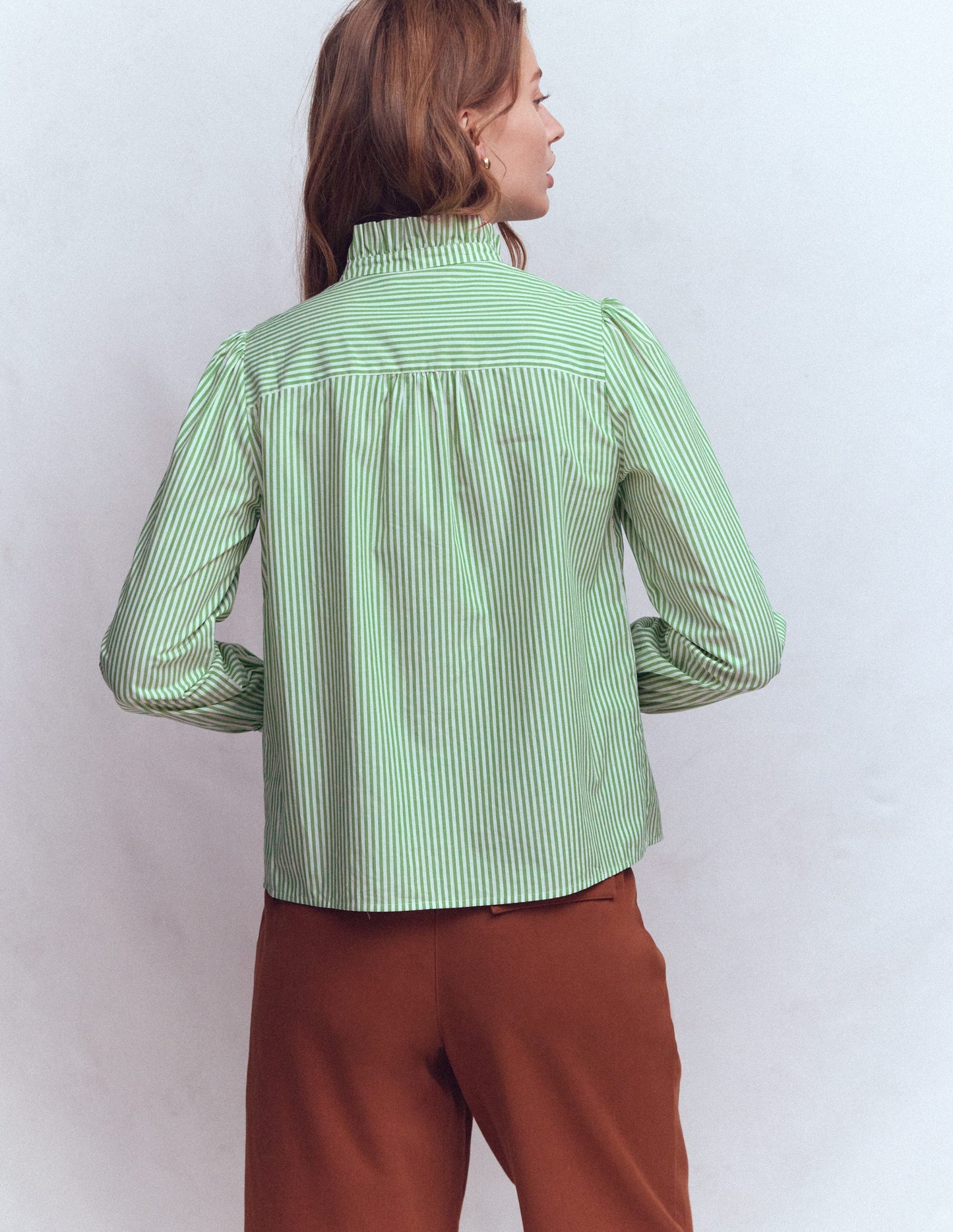 Esme Smocked Detail Frill Top-Highland Green, Ivory Stripe