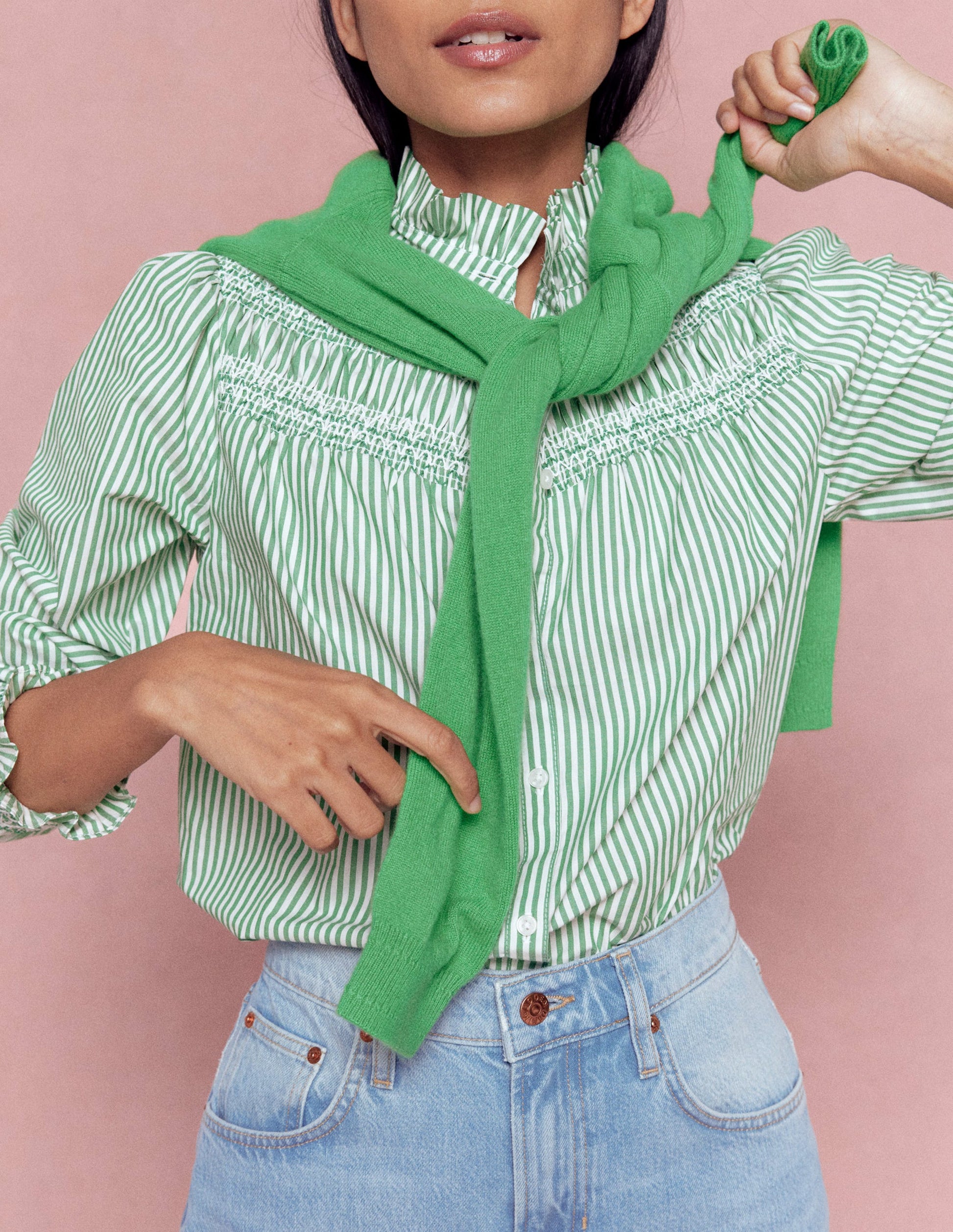 Esme Smocked Detail Frill Top-Highland Green, Ivory Stripe-5