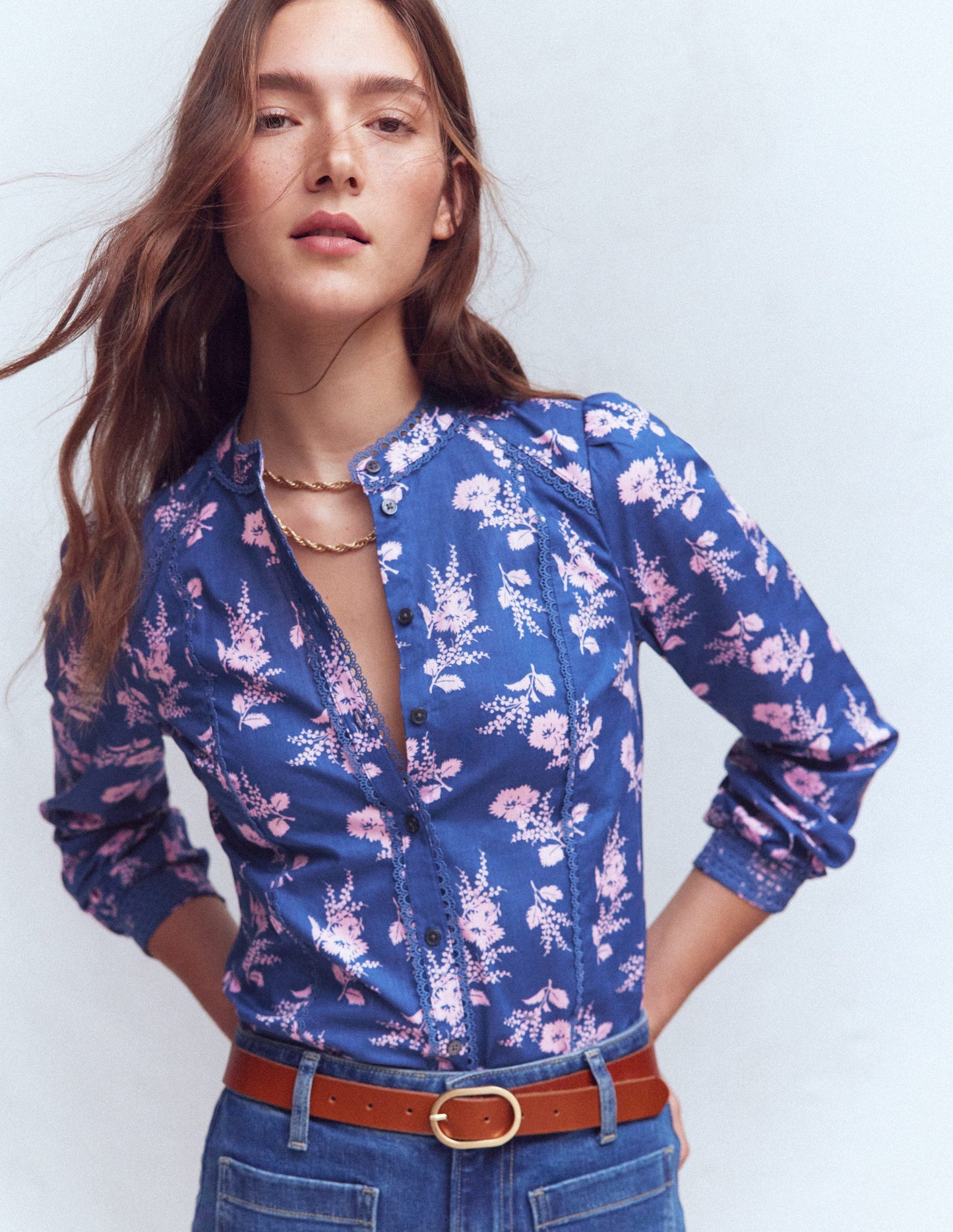 Rhea Trim Detail Cotton Top-Blue, Blossomy Sprig