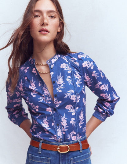 Rhea Trim Detail Cotton Top-Blue, Blossomy Sprig-4