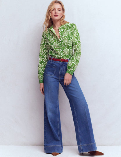 Rhea Trim Detail Cotton Top-Green, Decorative Blossom-1