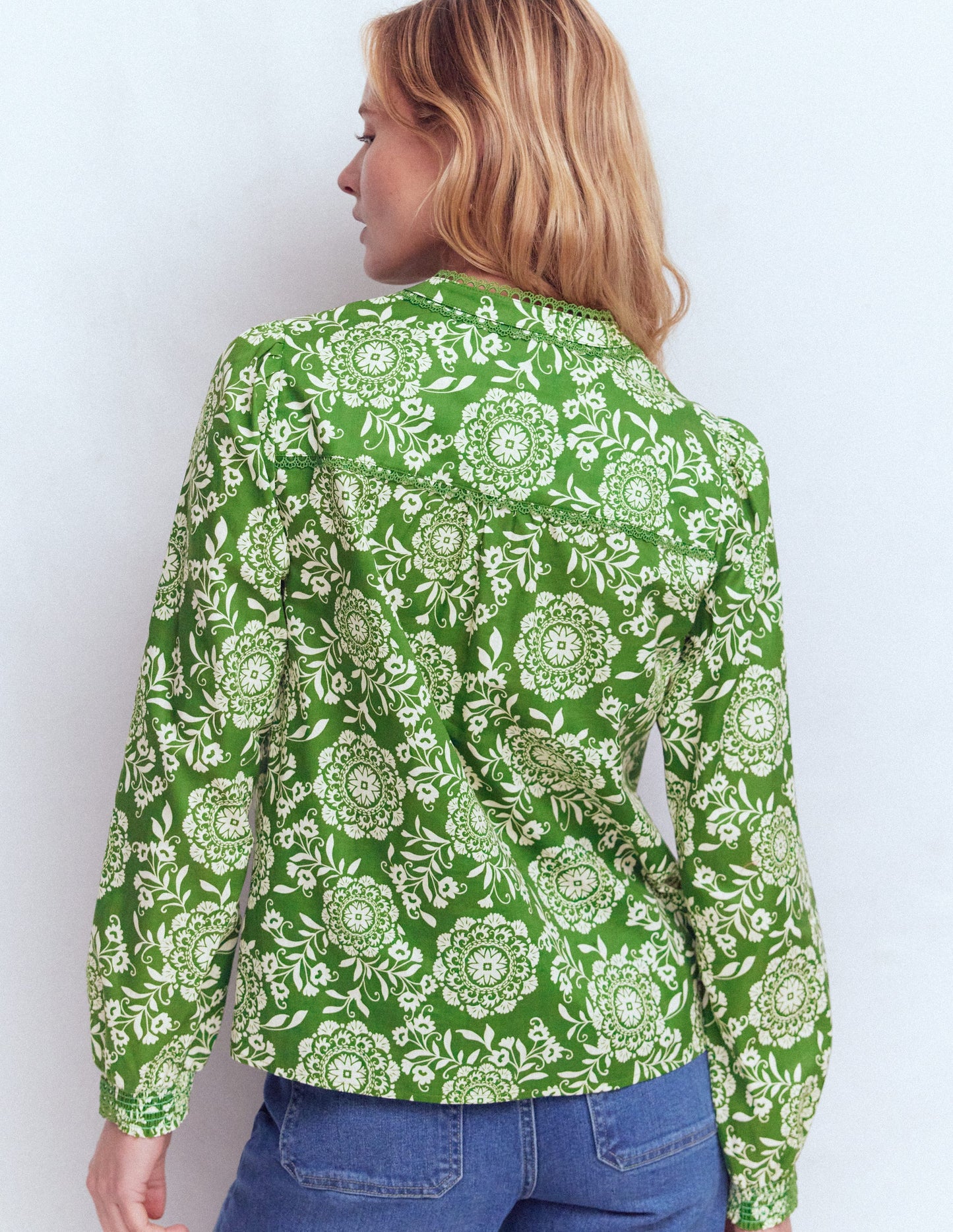 Rhea Trim Detail Cotton Top-Green, Decorative Blossom