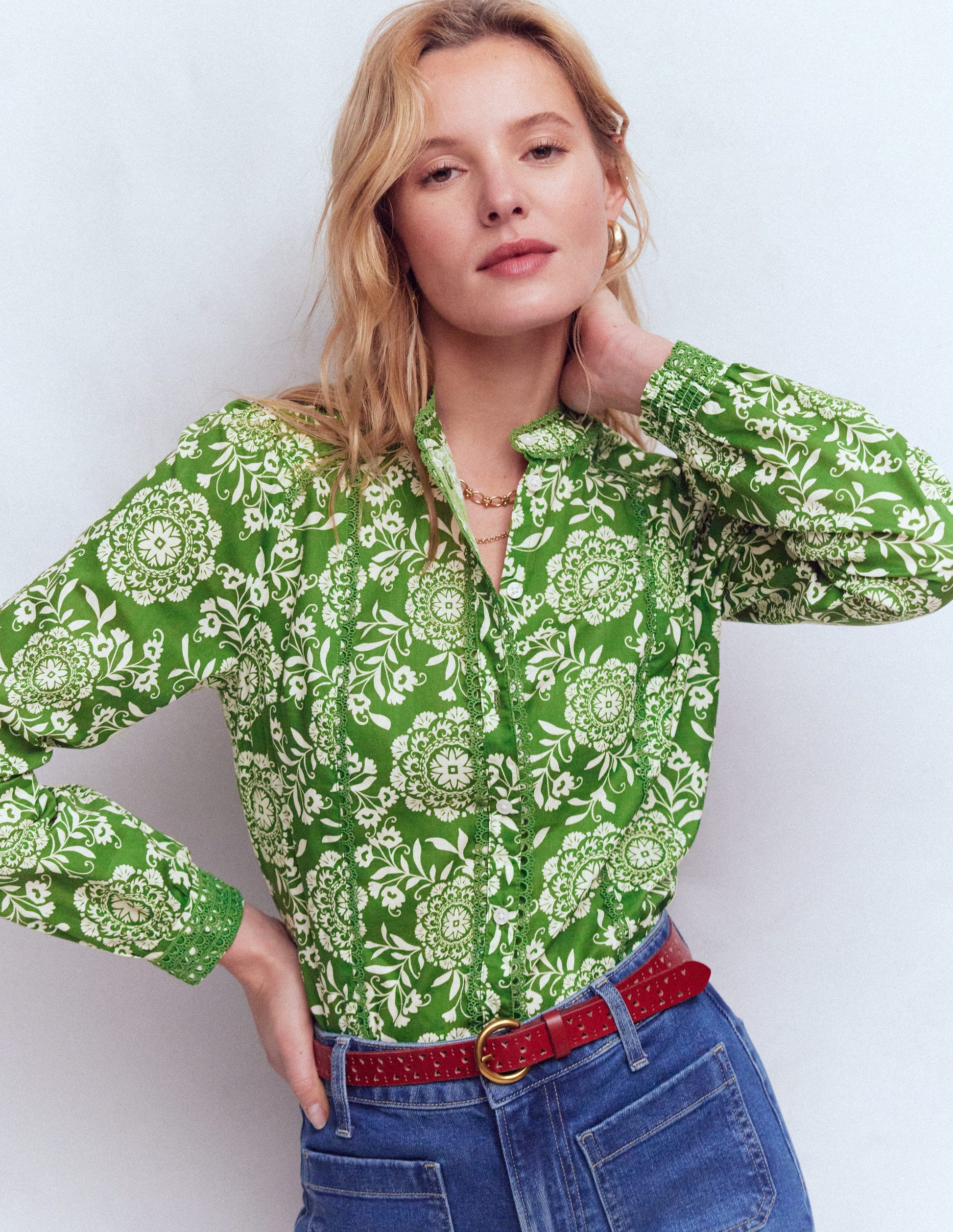 Rhea Trim Detail Cotton Top-Green, Decorative Blossom-4