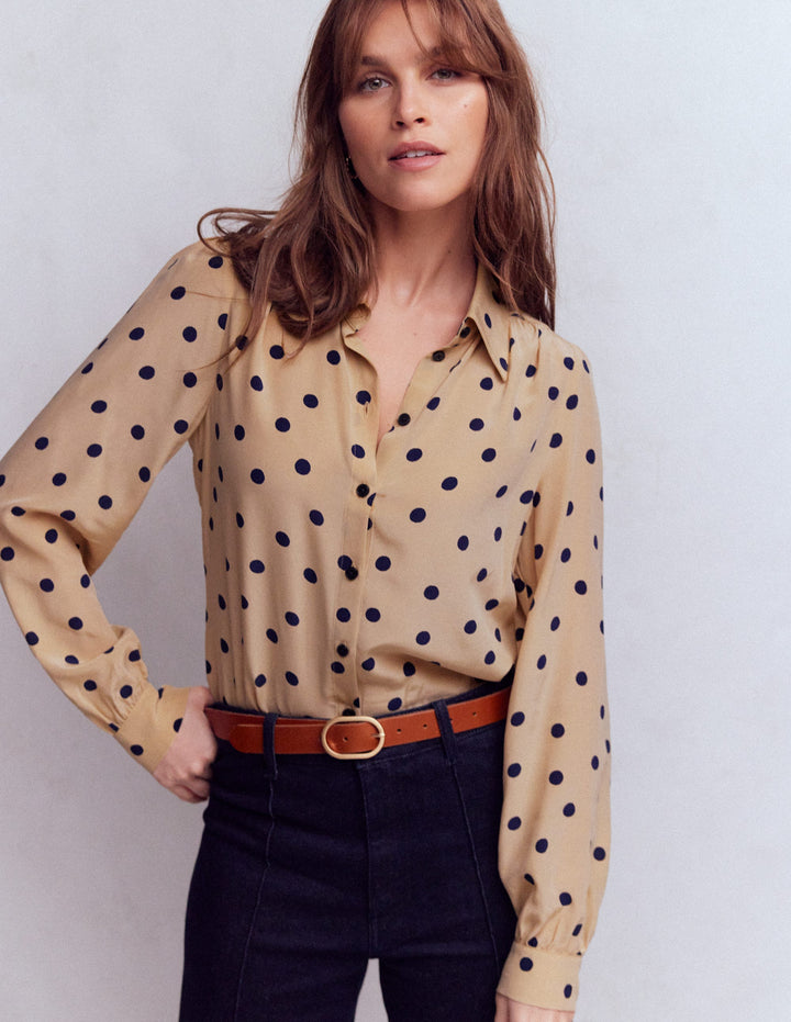 Sara Silk Shirt-Sand, Painted Dot Spaced