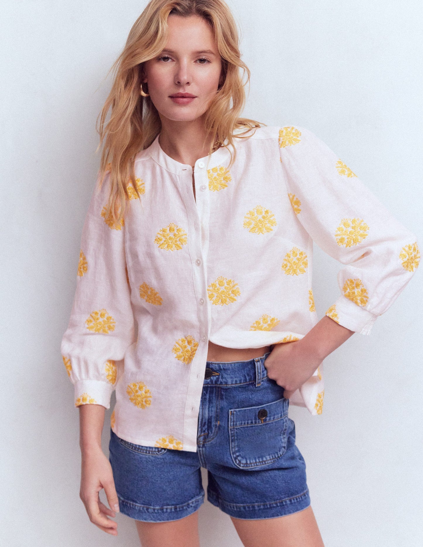 Alicia Linen Top-White yellow embroidery