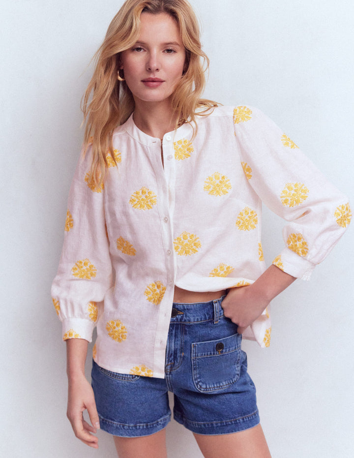 Alicia Linen Top-White yellow embroidery