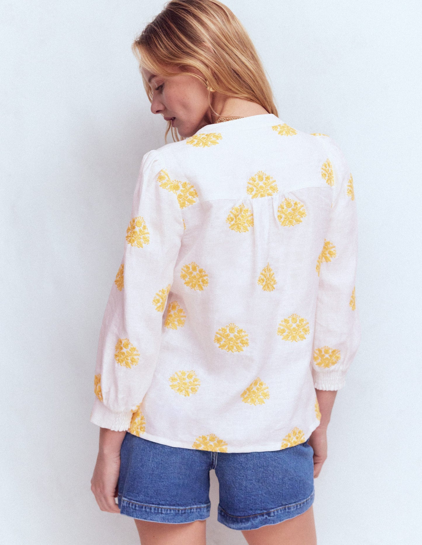 Alicia Linen Top-White yellow embroidery