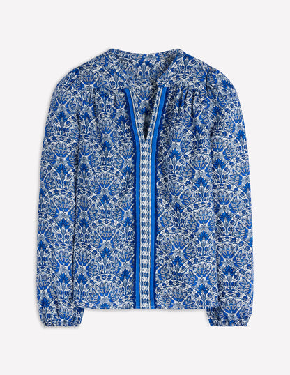 Notch Neck Linen Trim Top-Blue, Elaborate Terrace-5