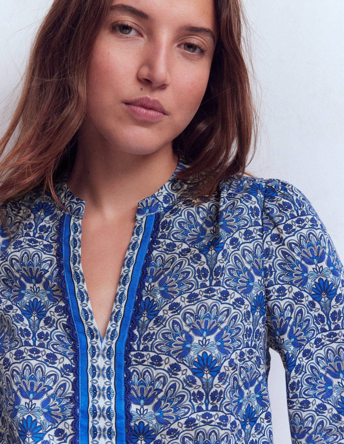 Notch Neck Linen Trim Top-Blue, Elaborate Terrace