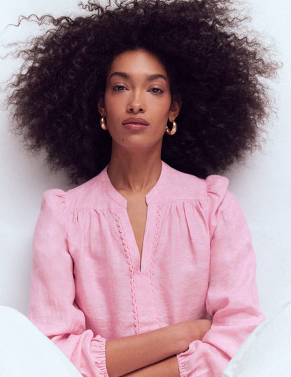 Notch Neck Linen Trim Top-Meadowsweet Chambray-5