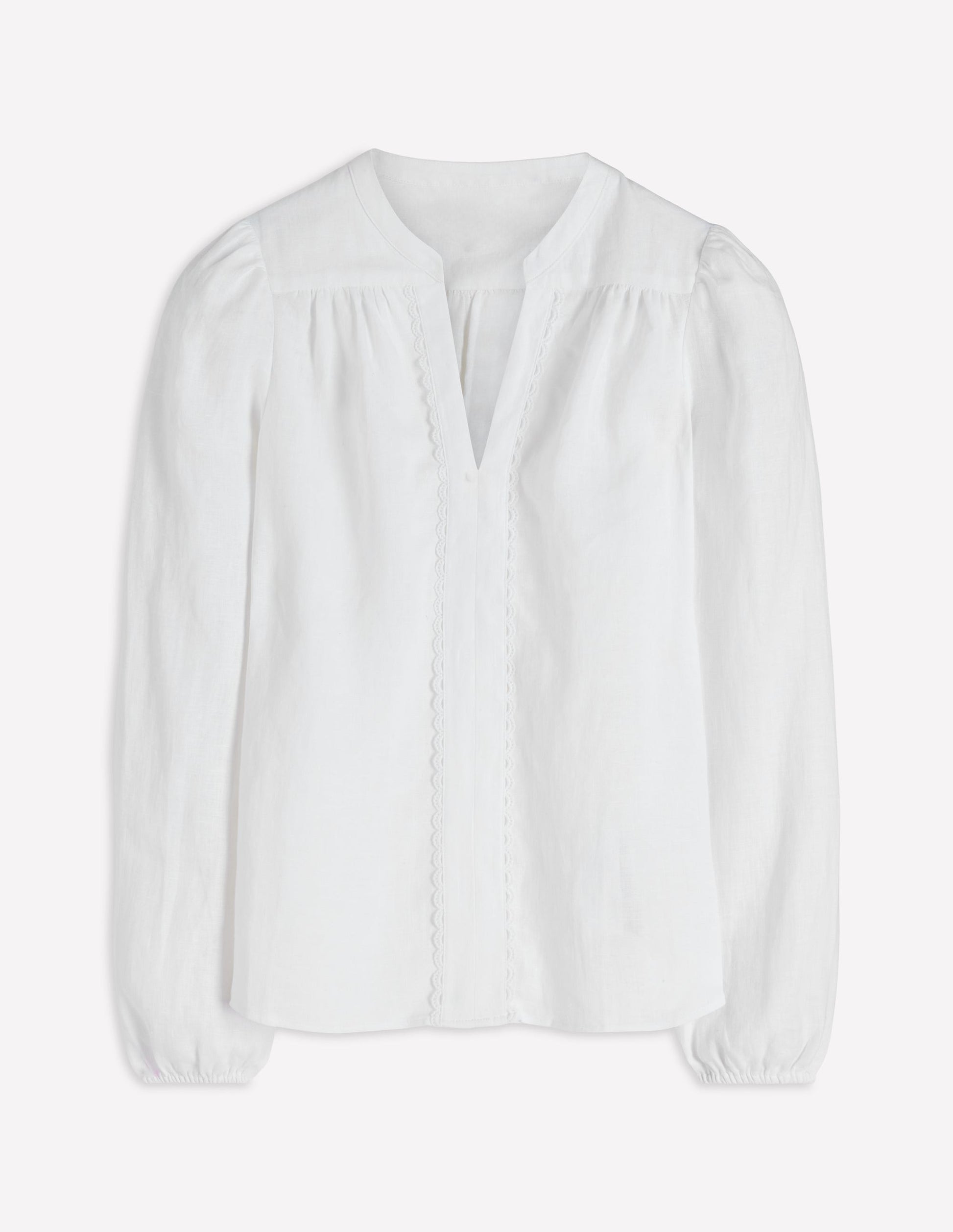 Notch Neck Linen Trim Top-White-5