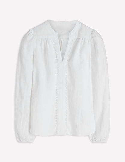 Notch Neck Linen Trim Top-White-5