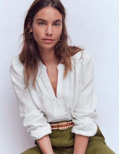 Notch Neck Linen Trim Top-White-1