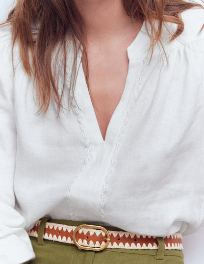 Notch Neck Linen Trim Top-White-2