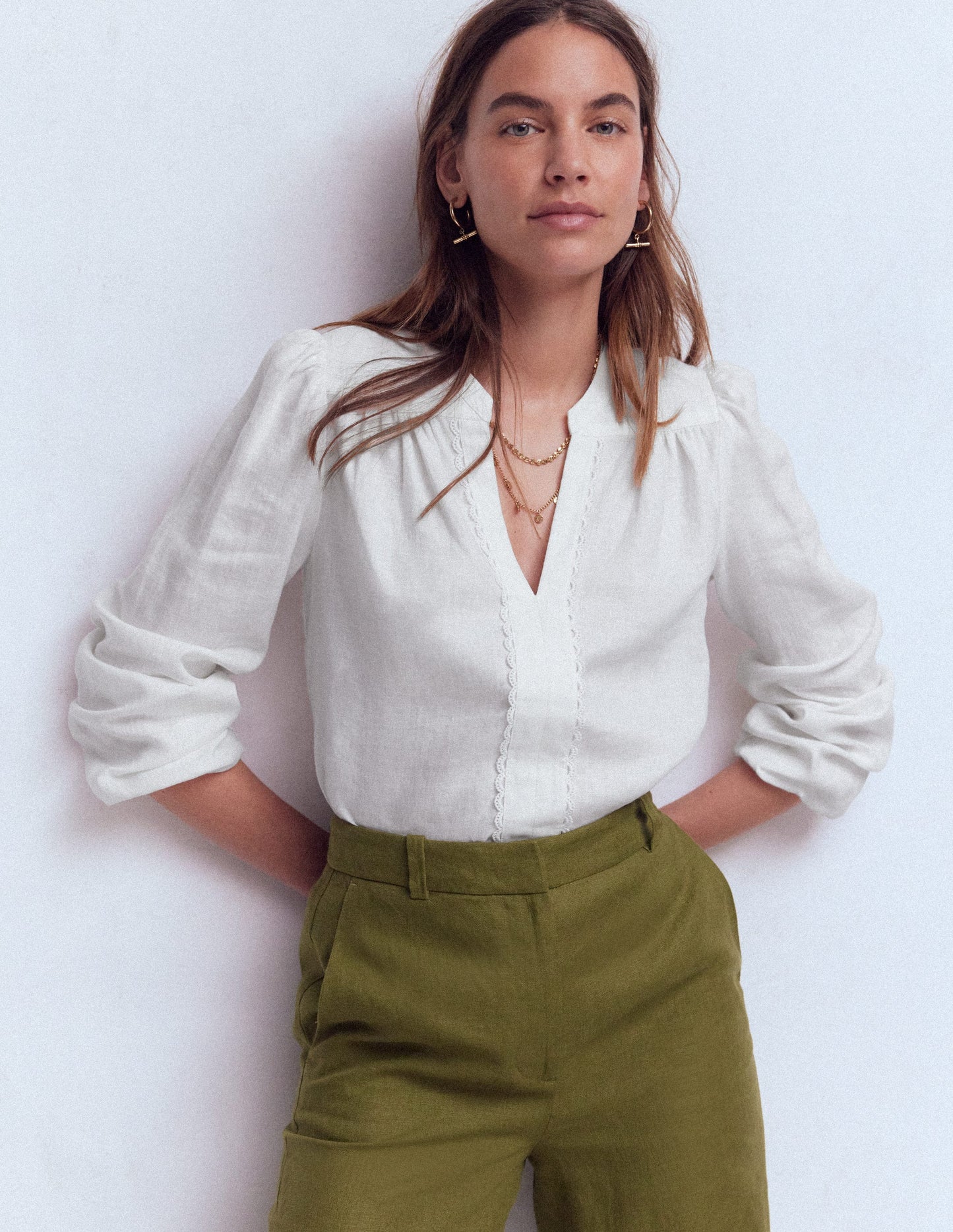 Notch Neck Linen Trim Top-White
