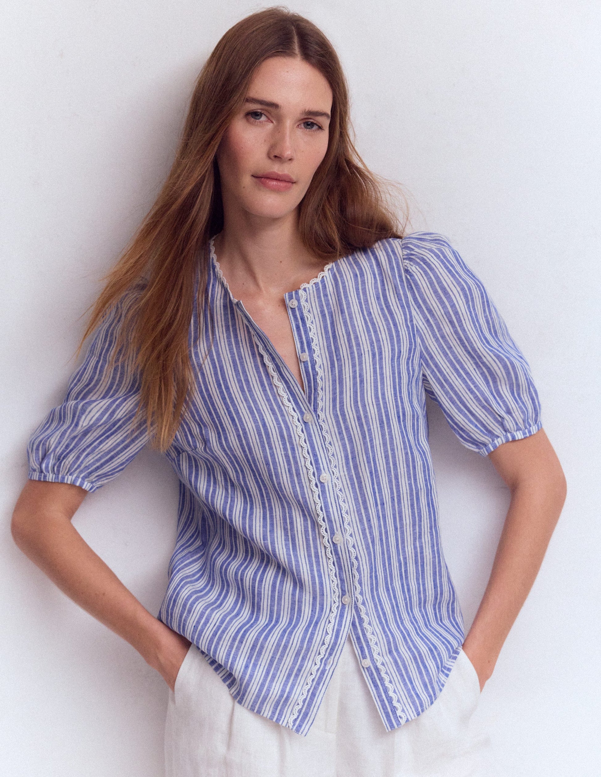 Leah Short Sleeve Linen Top-Bright blue Stripe-2