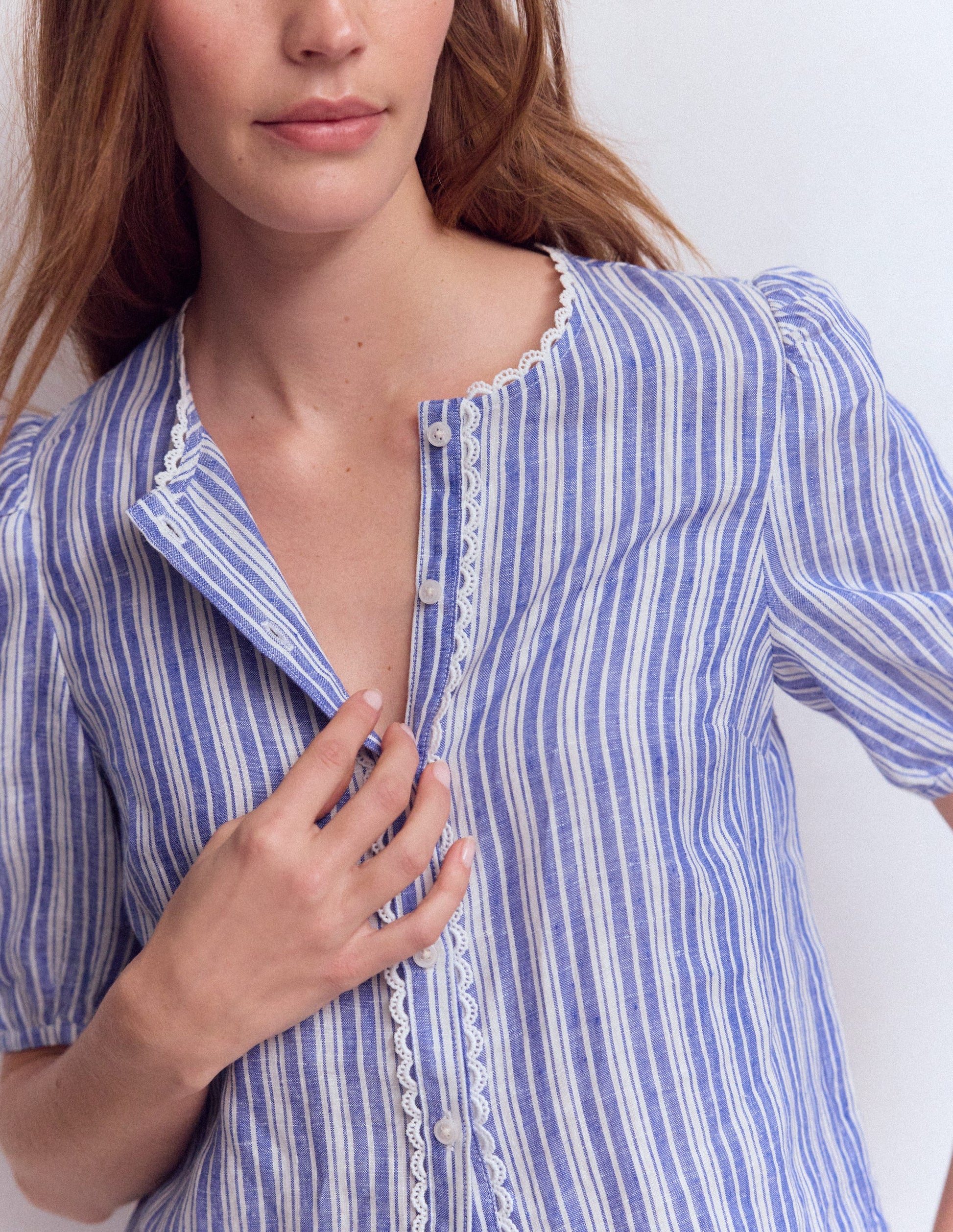 Leah Short Sleeve Linen Top-Bright blue Stripe-3