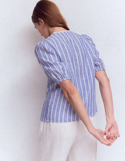 Leah Short Sleeve Linen Top-Bright blue Stripe-4