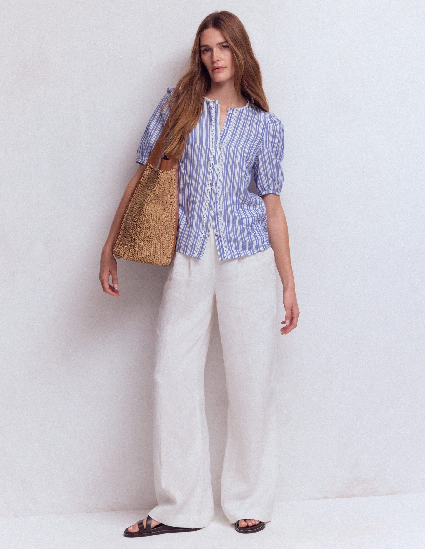 Leah Short Sleeve Linen Top-Bright blue Stripe