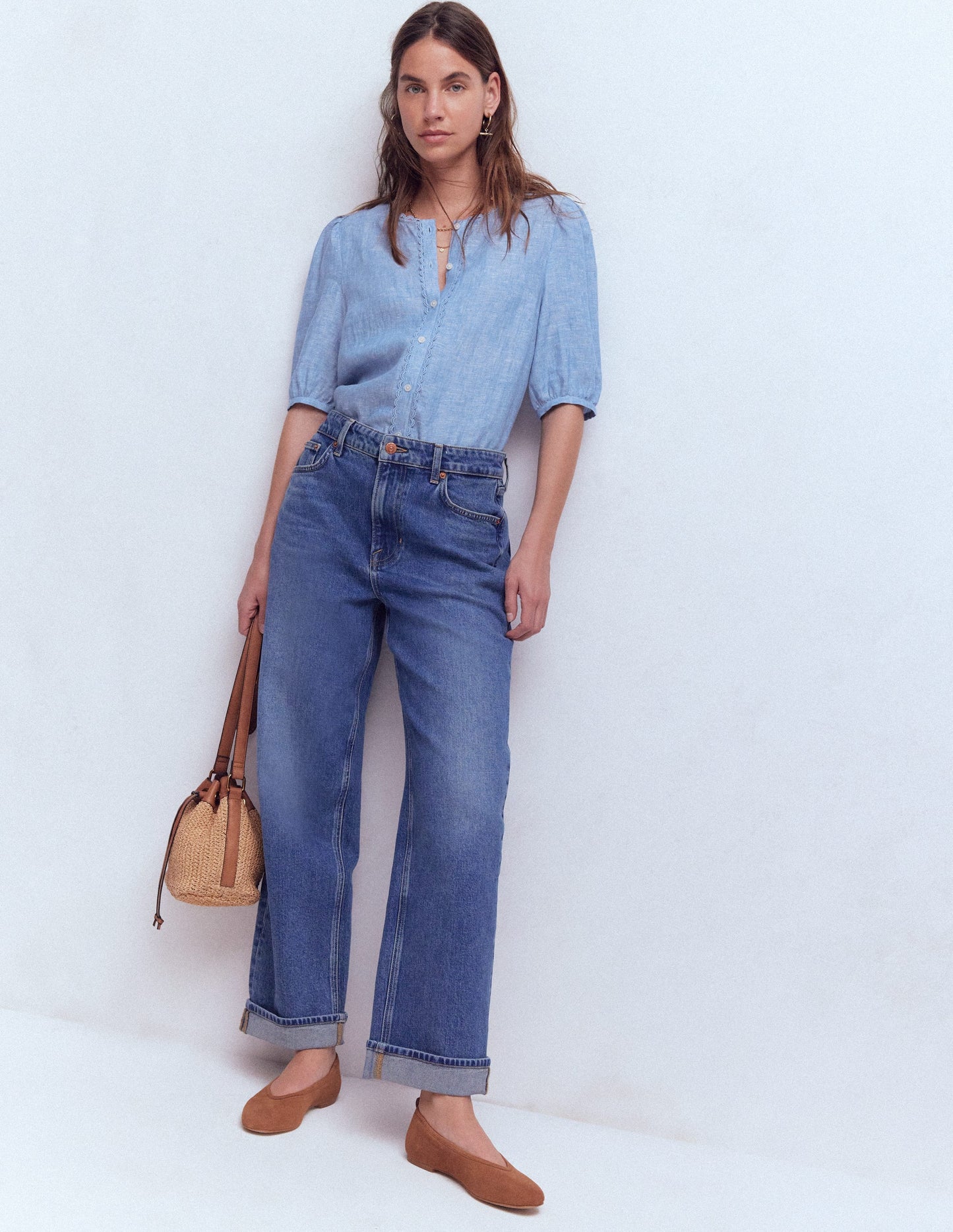 Leah Short Sleeve Linen Top-Blue Chambray