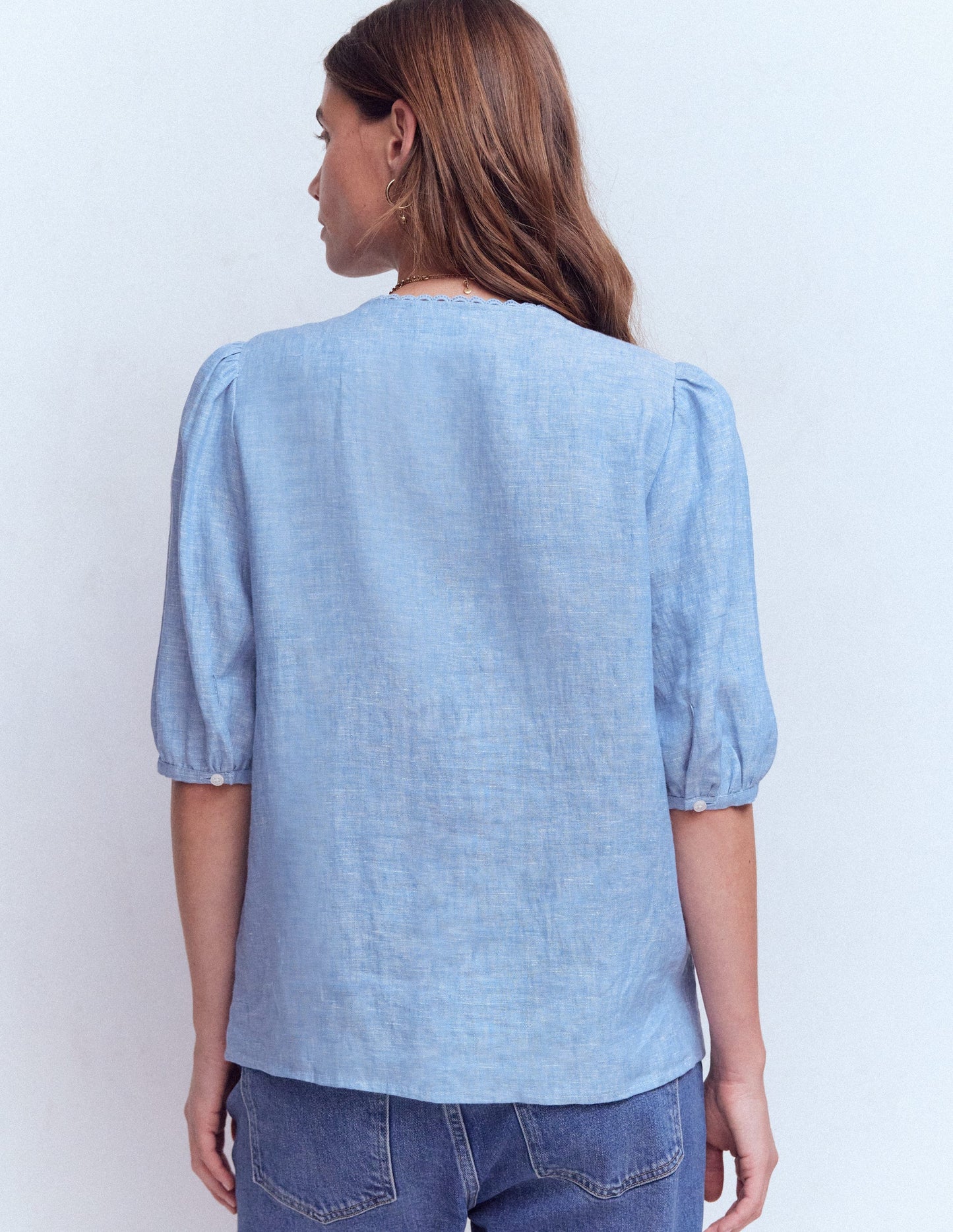 Leah Short Sleeve Linen Top-Blue Chambray