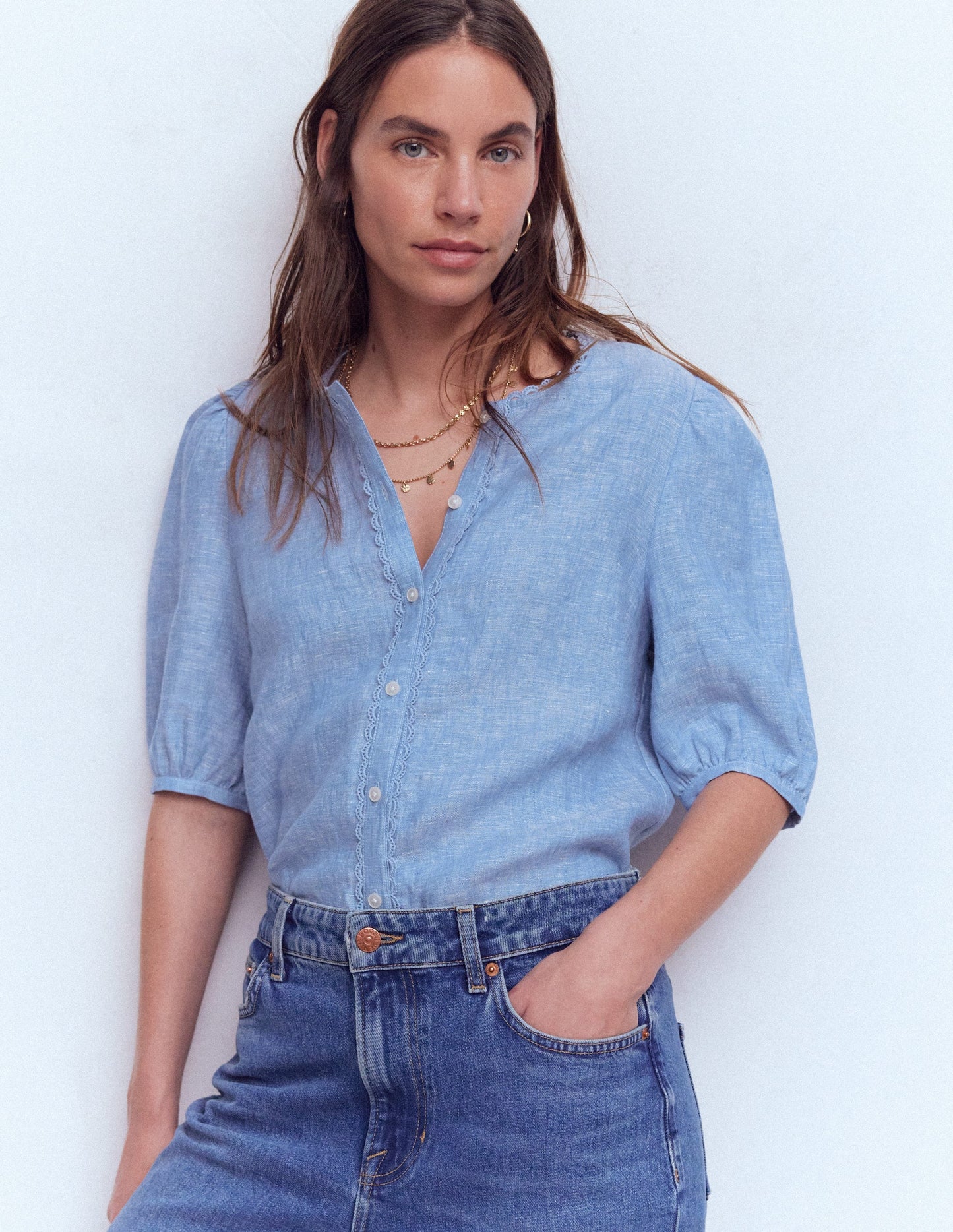 Leah Short Sleeve Linen Top-Blue Chambray