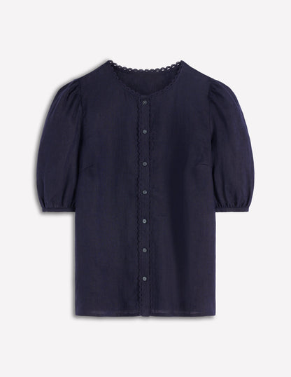 Leah Short Sleeve Linen Top-Navy-5