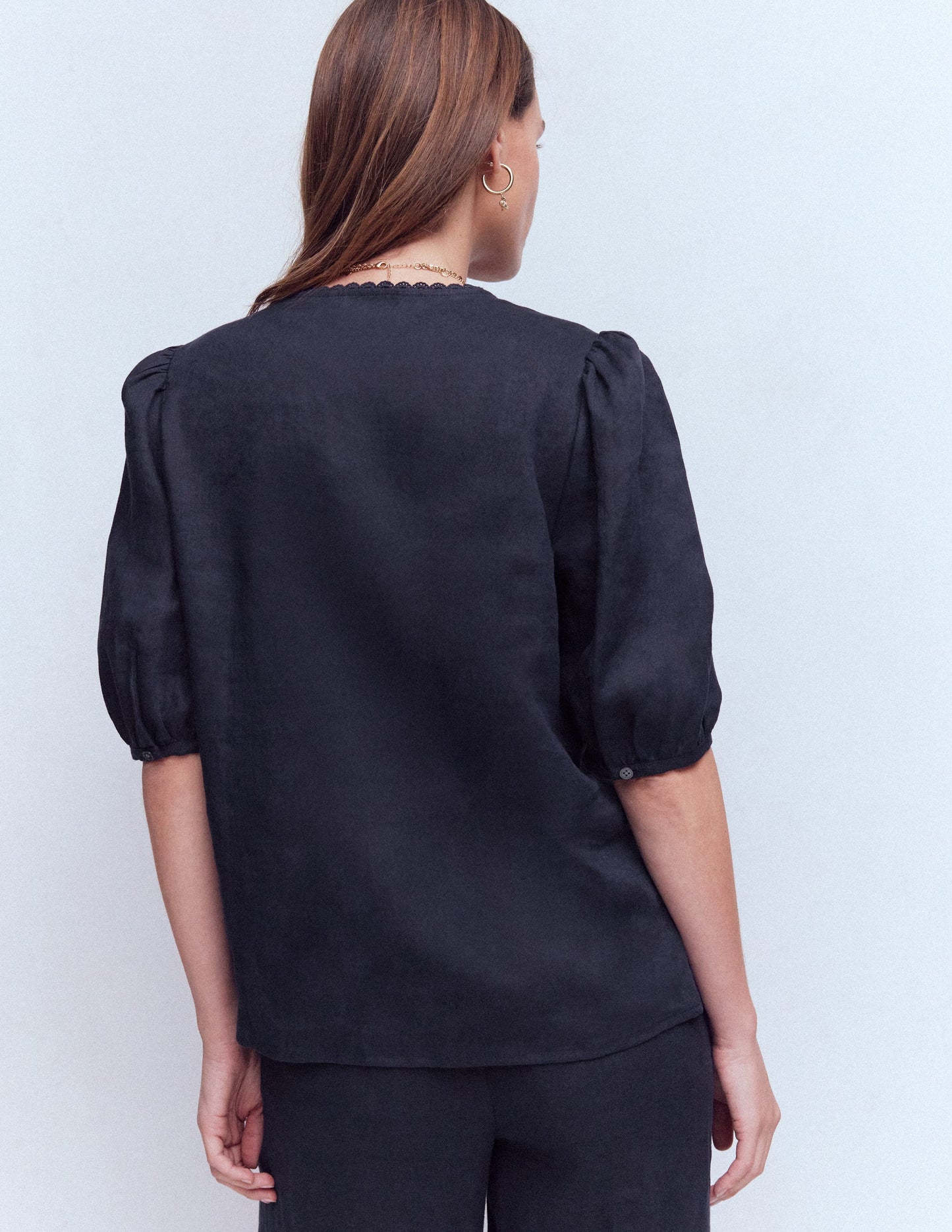 Leah Short Sleeve Linen Top-Navy