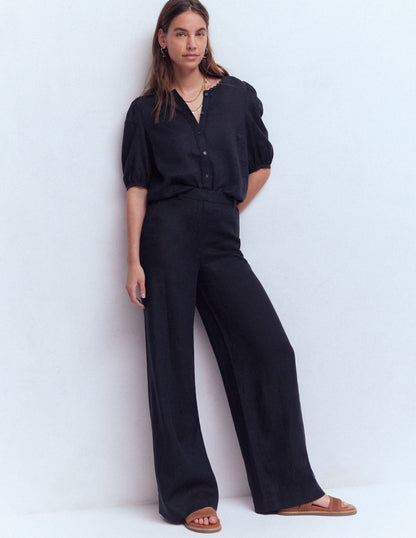 Leah Short Sleeve Linen Top-Navy-4