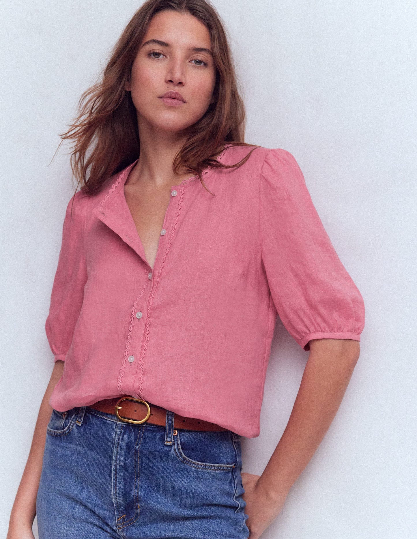 Leah Short Sleeve Linen Top-Pink Parfait