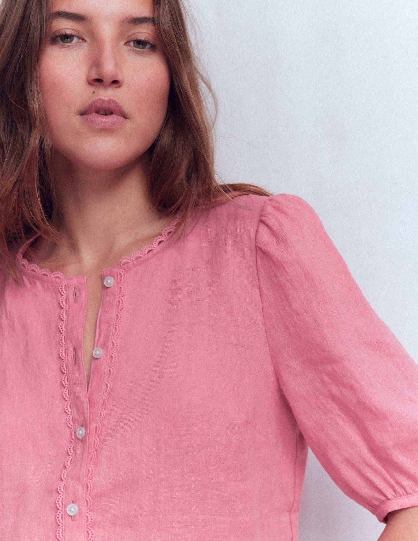 Leah Short Sleeve Linen Top-Pink Parfait