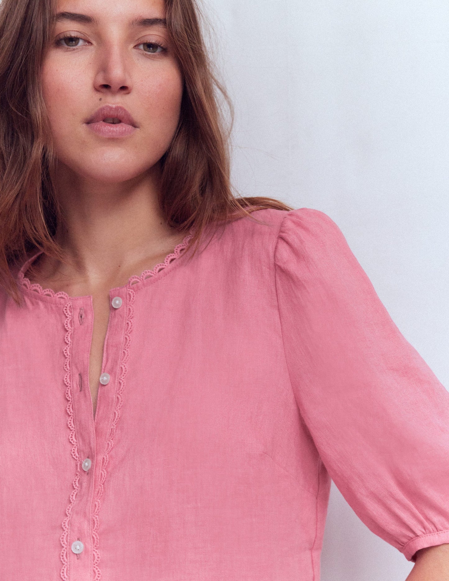 Leah Short Sleeve Linen Top-Pink Parfait