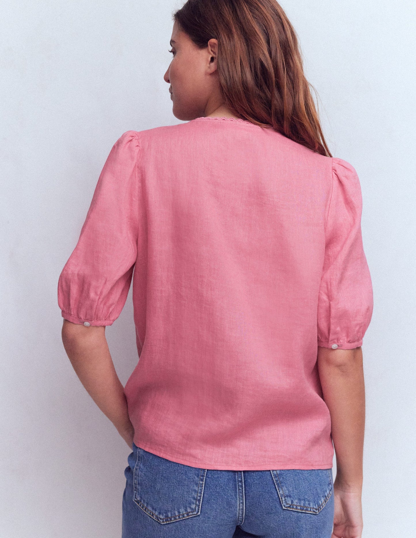 Leah Short Sleeve Linen Top-Pink Parfait