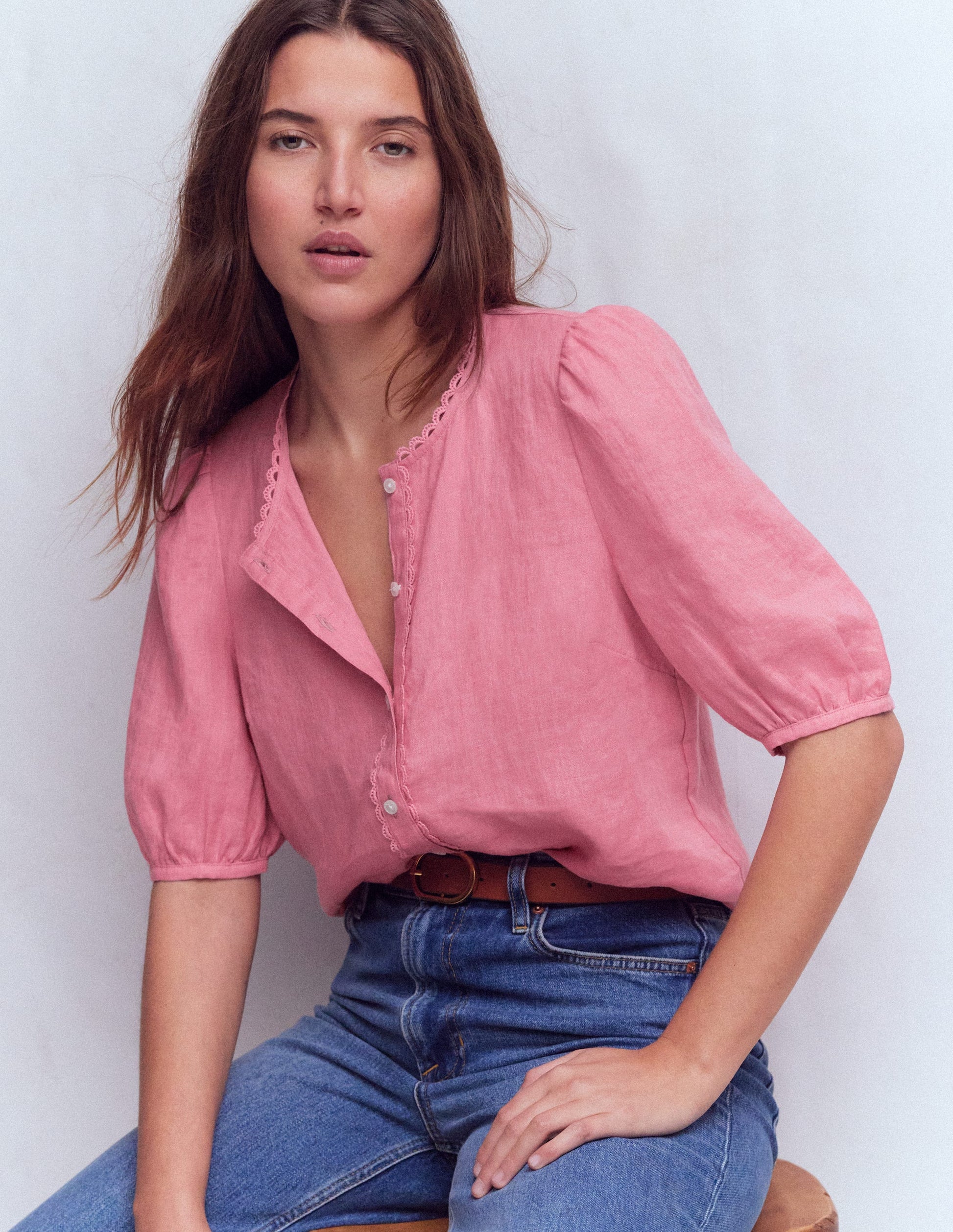 Leah Short Sleeve Linen Top-Pink Parfait-4