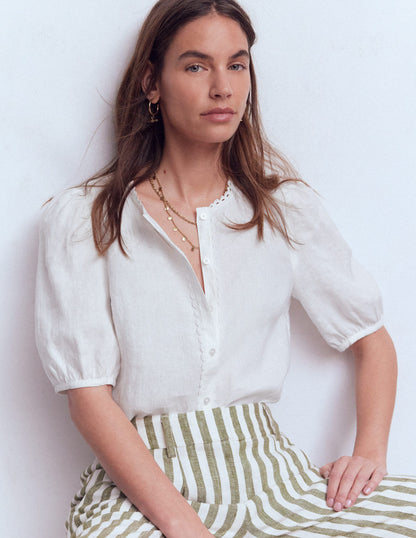 Leah Short Sleeve Linen Top-White-1