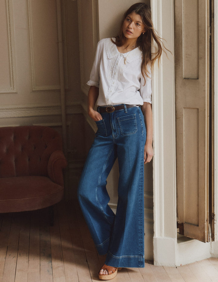 Short Sleeve Pretty Collar Top-White