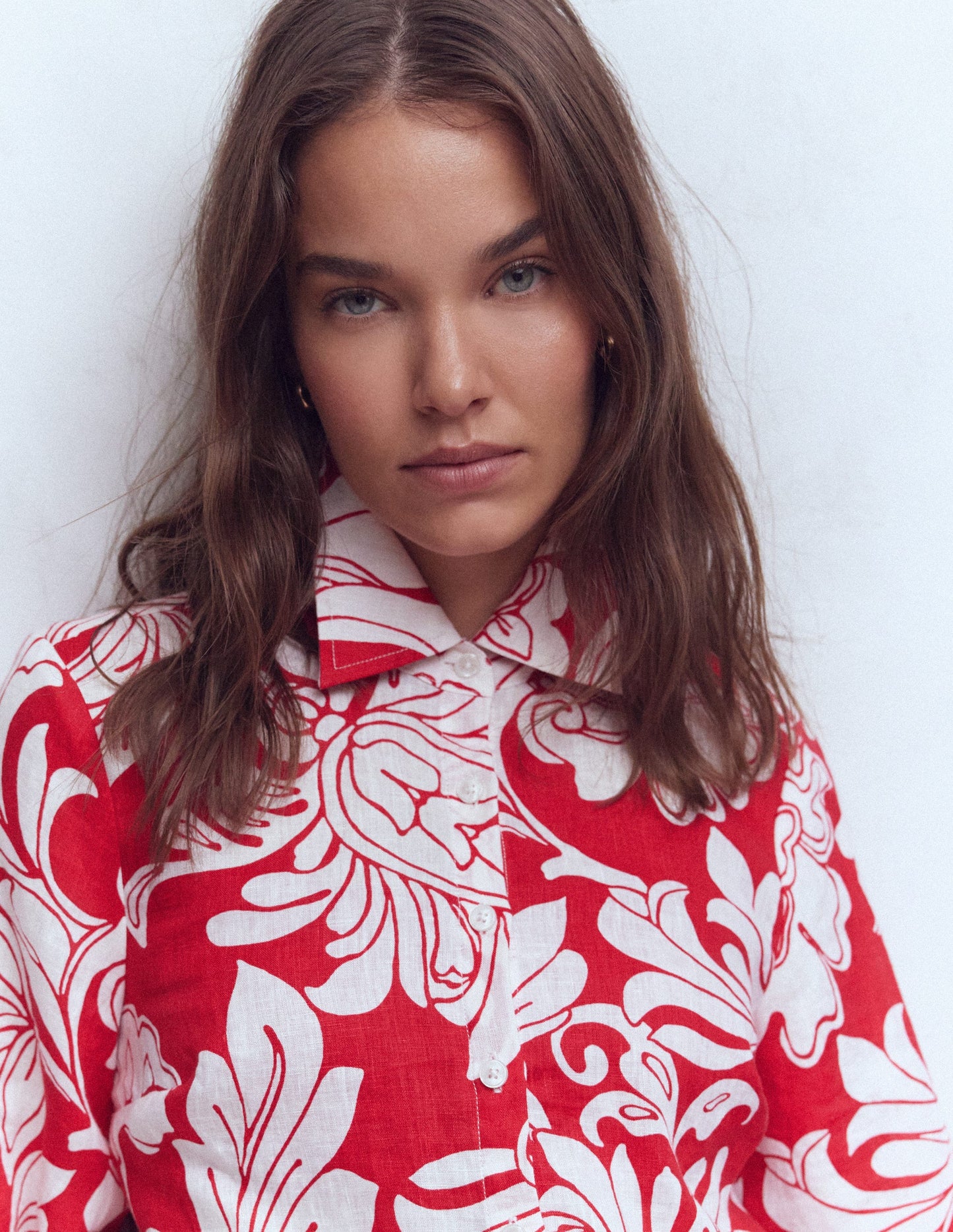 Puff Sleeve Linen Shirt-Salsa, Botanical Flourish