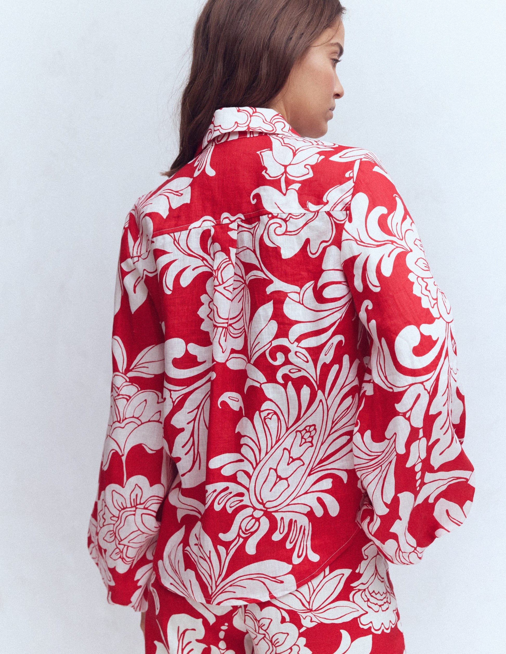 Puff Sleeve Linen Shirt-Salsa, Botanical Flourish-4