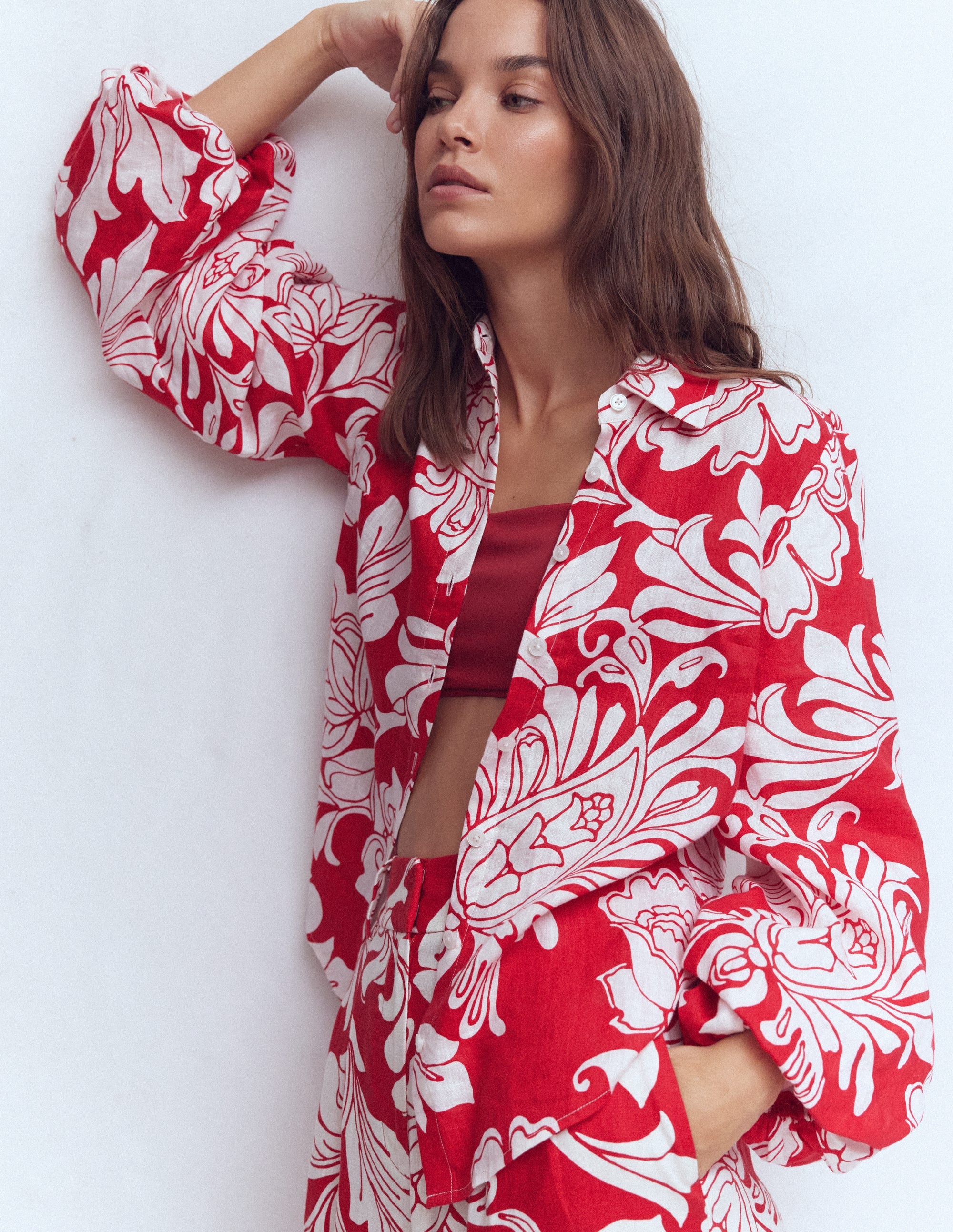 Puff Sleeve Linen Shirt-Merida Red, Botanical Flourish - Image 1