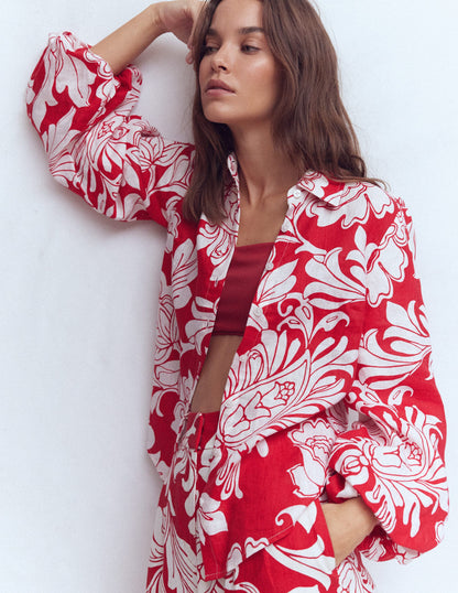 Puff Sleeve Linen Shirt-Salsa, Botanical Flourish-5