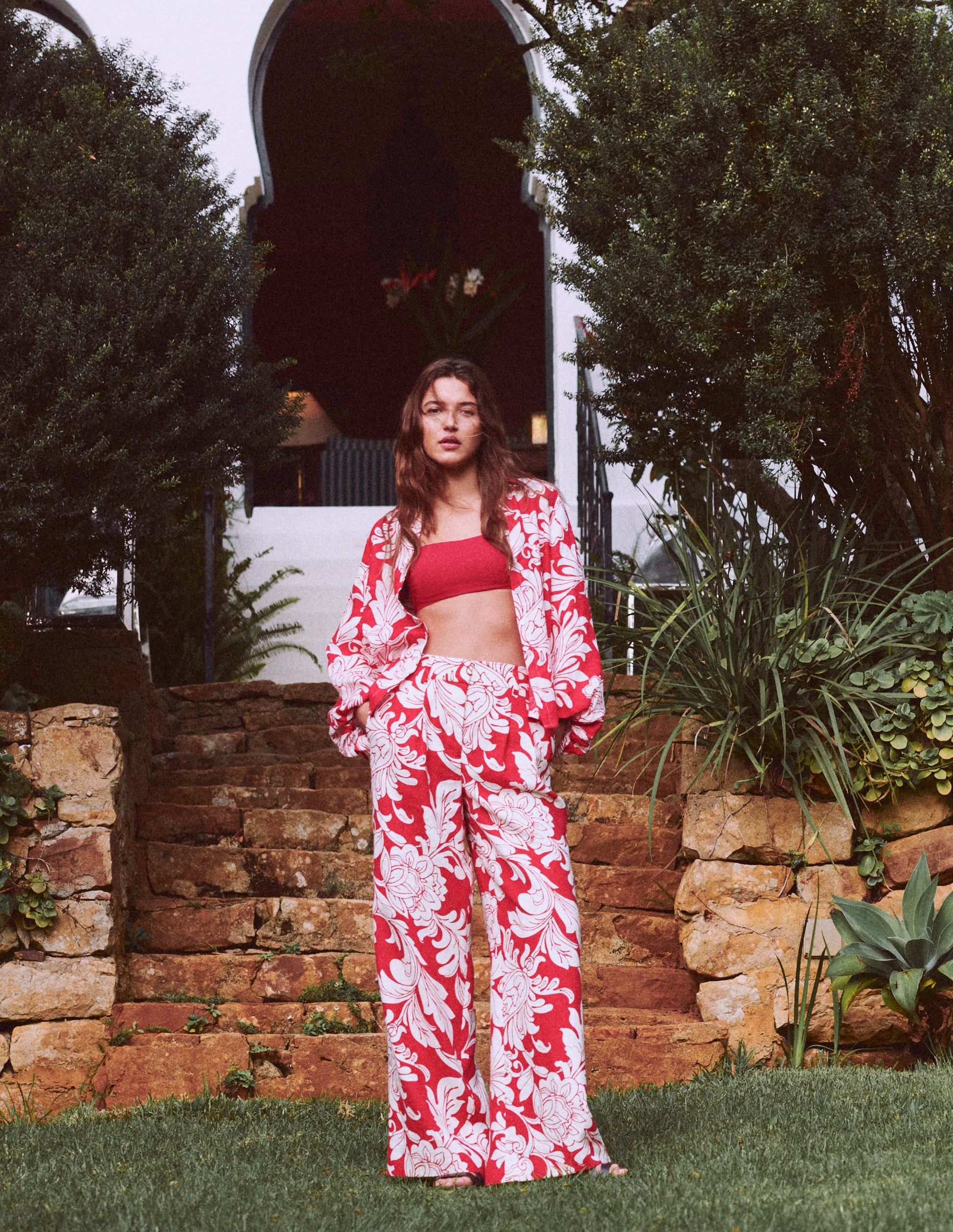 Puff Sleeve Linen Shirt-Salsa, Botanical Flourish-1