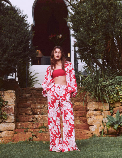 Puff Sleeve Linen Shirt-Salsa, Botanical Flourish-1